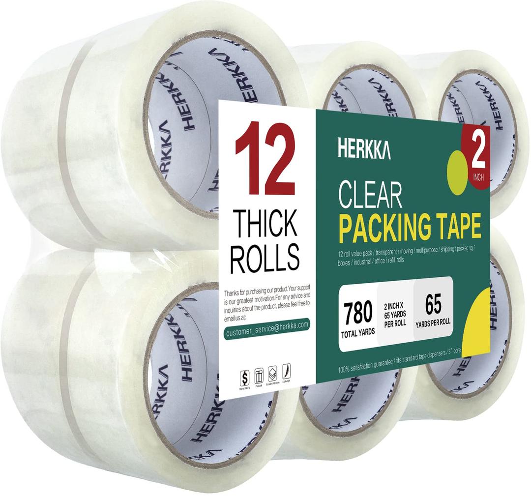 HERKKA Clear Packing Tape, 12 Rolls Heavy Duty Packaging Tape for Shipping Packaging Moving Sealing, Thicker Clear Packing Tape, 2 inches Wide, 65 Yards Per Roll, 780 Total Yards (12 PACK 2 INCH WIDE)
