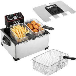 5L Stainless Steel Deep Fryer, 2000W Electric Frying Machine with 1 Large 2 Small Baskets, Adjustable Temperature and Timer, Viewing Window Lid, 21 Cups Countertop Deep Fryer Home Use