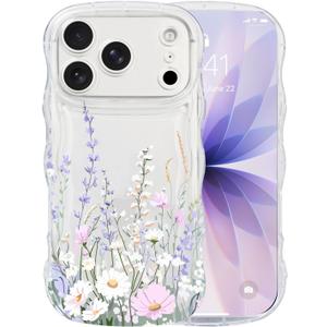 AULEEP for iPhone 17 Pro Max Case, Cute Clear Phone Case Floral with Curly Wave Frame Design, Slim Soft Shockproof TPU Protective Phone Cover for Women, Trendy Girly Case for iPhone 17 Pro Max 6.9"
