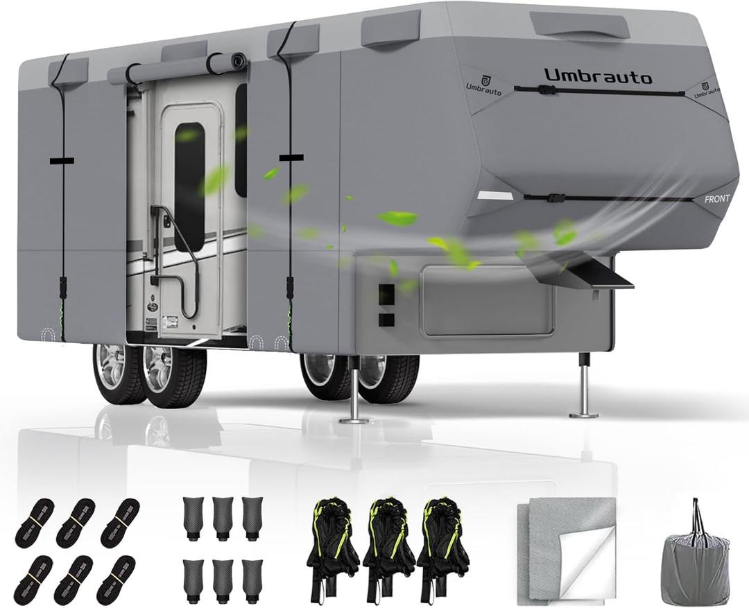 Umbrauto 5th Wheel RV Cover 31-34ft, 7 Layers Top Extra-Thick Fifth Wheel Cover, Waterproof Windproof Anti-UV Rip-Stop Toy Hauler Camper Cover with 2 Pcs Extra Straps, 6 Gutter Covers