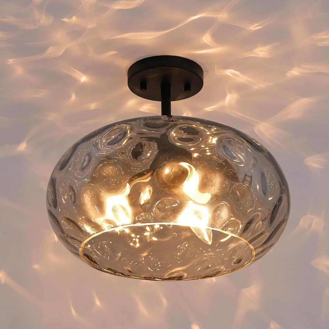 Matte Black Semi Flush Mount Ceiling Fixture Large Smoked Hammered Glass Shade Modern Close to Ceiling Light 14" Art Lampshade for Hallway Foyer Bedroom