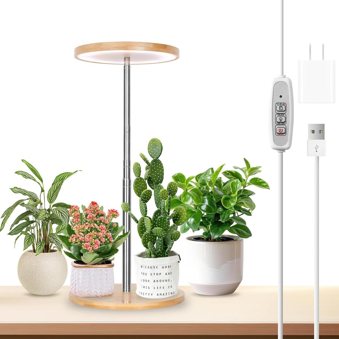 LORDEM Bamboo Grow Light, LED Plant Light for Indoor Plants Growing, Full Spectrum Bamboo Desk Growth Lamp with Automatic Timer for 4H/8H/12H, 4 Dimmable Levels, Height Adjustable (Bamboo-6.3in-Base)