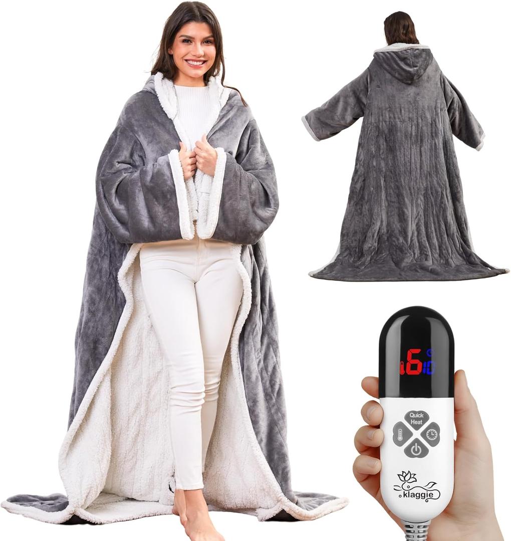 Wearable Heated Blanket with Foot Pocket Sleeves, Heated Robe Heated Snuggie, 6 Heating Levels 4 Hours Auto-Off, Overheat Protection Machine Washable, Grey