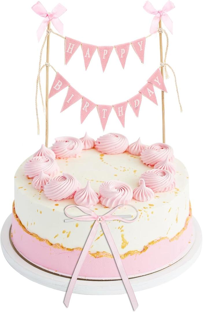 11 Pcs Bow Ribbon Cake Topper Happy Birthday Cake Topper Banner Happy Birthday Cakes Bunting Toppers with Wood Pole Handmade Pennant Flags with Bow Ribbon for Donut Cakes Cupcakes (Pink)