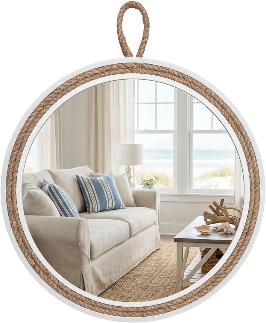 Vercraft Coastal Mirror 24" Wall Decor with Rope Wrapped Trim and Hanging Loop Nautical Round Circle Mirror Nautical Rustic Decorative for the Living Room, Bedroom Bathroom and Entryway