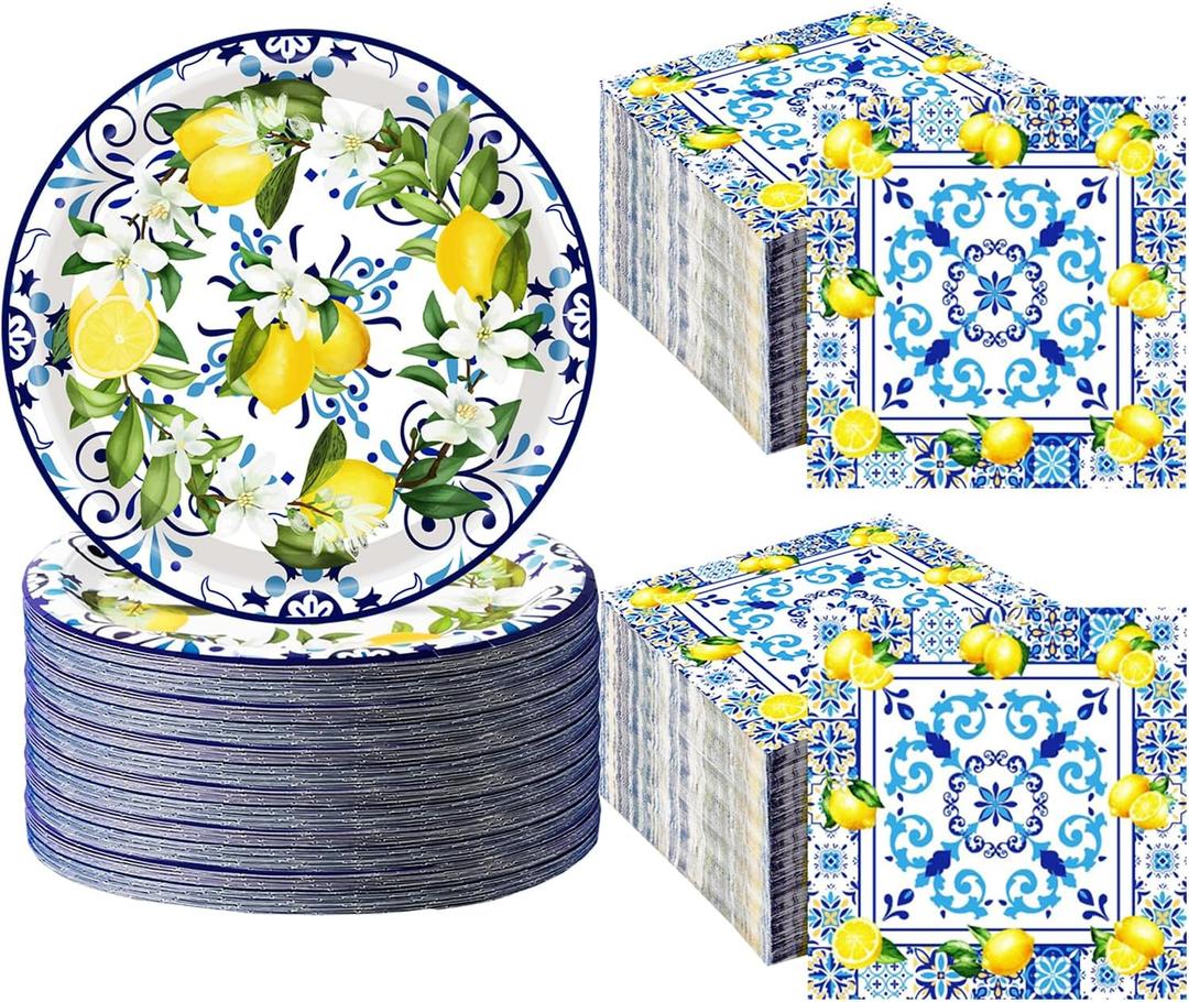 100Pcs Capri Lemon Party Supplies Blue Tiles Yellow Lemon Party Set 7"Capri Lemon Citrus Fruit Paper Plates and Capri Lemons Napkins for Baby Shower Lemon Birthday Italian Theme Party Decor Serves 50