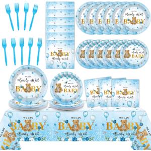 Tevxj 98 PCS Bear Baby Decorations We Can Bearly Wait Tableware Set Themed Tablecloth Plates Boho Napkins Forks for Boy Girl Baby Shower Gender Reveal Birthday Party Supplies