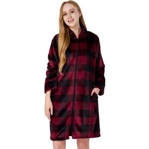 SIORO Fleece Robes for Women Plush Zipper Front Bathrobe Knee Length Warm Housecoat Long Sleeve Cozy Sleepwear with Pockets (Large, Red and Black Plaid)