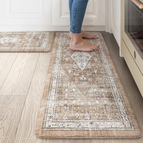 Collive Boho Kitchen Mats for Floor 2 Piece, Cushioned Anti Fatigue Mat Comfort Soft Standing Desk Carpet, Non Skid Wforaterproof Sink Rug for Home Office, Decor, 17.3"x29"+17.3"x47"