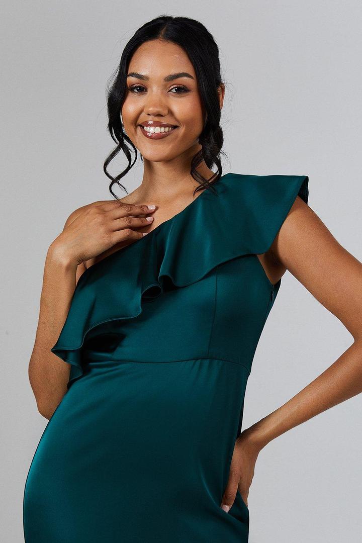 Women's Elegant One Shoulder Green Dress with Ruffle Detail, Size S, Emerald Green