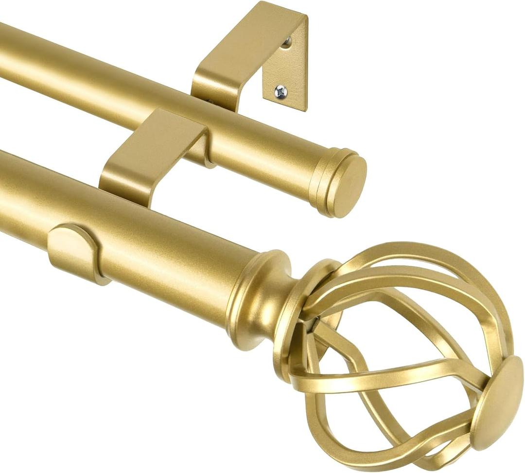 KAMANINA Gold Double Curtain Rod 36 to 72 Inches (3-6 Feet) Window Telescoping Drapery Rods, 1 Inch Heavy Duty Curtain Rods for Windows, Twisted Cage Ends, Fewer Rods, Easier Install