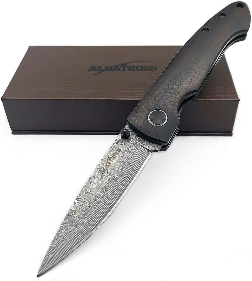 ALBATROSS Premium Damascus Folding Pocket Knife - EDC Knife with 71-Layer Damascus Steel Blade and Ebony Wood Handle - Gift for Men - HGDK005