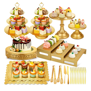 Audab Metal Gold Dessert Table Display Set Including Cake Stands, Cupcake Tower Stand, Dessert Tray, Risers Stands, Cake Cutting Set and Serving Tongs for Wedding, Birthday Party Decor