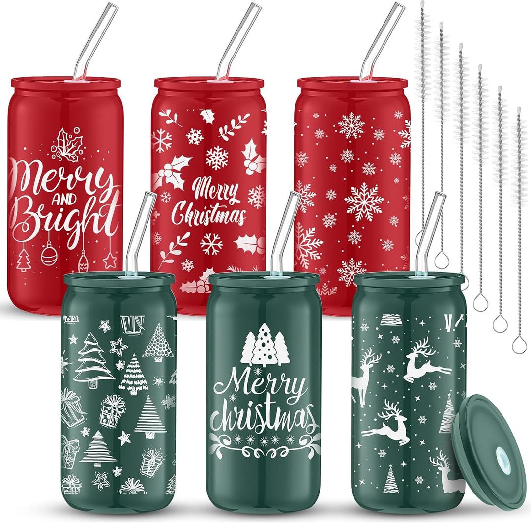 Jingmore 6 Pack 16 oz Christmas Gifts Bulk Glass Cups with Lids and Straws Red and Green Snowflake Elk Star Christmas Tree Drinking Glass Cups Iced Coffee Hot Cold Drinks for Xmas Party Supplies