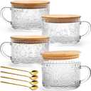 YORY 4-Pack Vintage Glass Mugs with Bamboo lids and Spoons Coffee Tea Cups Gifts for Women Overnight Oats Containers 14oz