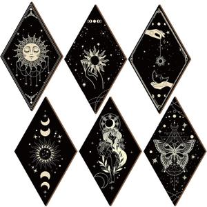 Sintuff 6 Pieces Gothic Wall Decor Boho Sun Moon Phases Wall Art Gothic Minimalist Stars Sun Hanging Wooden Home Decor Farmhouse Pediments for Gallery Living Bedroom Room(Boho)