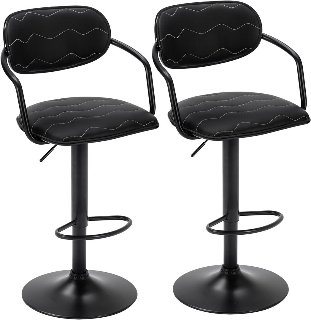 VECELO Bar Stools Set of 2, Adjustable Counter Height Barstools with Back and Arm, Swivel Bar Chairs/PU Leather Kitchen Island Stools for Pub/Dining Room/Living Room, Black