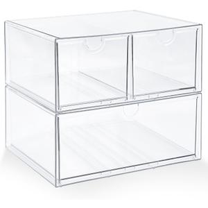 2 x Prsildan Acrylic Drawer Makeup Organizer with 3 Drawers, Clear Stackable Storage for Baby Bottles, Craft, Jewelry & Hair Accessories, Multi-Use for Vanity, Countertop, Office Desk Organization