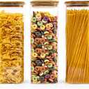 Glass Pasta Storage Jars Square 73oz, 3 Pack Glass Jars With Bamboo Lids, Tall Kitchen Storage Containers For Pasta, Storage For Pantry Organizers