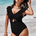 Sovoyontee Women's Ruffle One Piece Swimsuit Tummy Control Bathing Suits Drawstring Cutout V Neck Swimwear (Black, S)