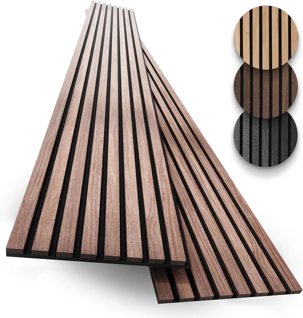 2-Pack Acoustic Wood Slat Panels - Soundproof Wall Paneling for Interior Decor (2 Pc - 94.5x12.6 inches, Natural Walnut)