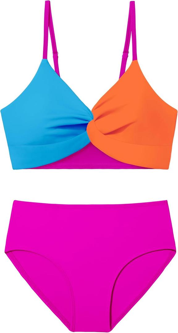 Girls Swimsuit Bathing Suit Color Block Twist Adjustable Double Shoulder Straps Bikini Girls 2 Piece Set (15-16 Years, Blue+orange)