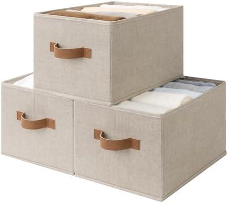 StorageWorks Shelf Baskets for Organization, Linen Closet Organizers and Storage Basket, Foldable Storage Bins, Closet Organizer Bins for Clothes, Brown & Beige, 3-Pack, Large