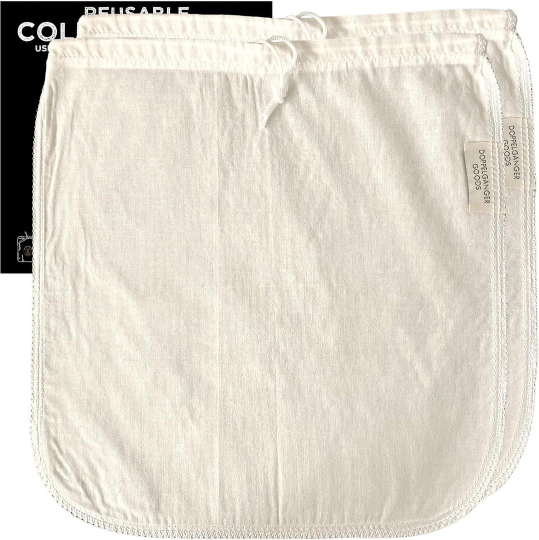 (2-Pack, Large 12in x 12in) Organic Cotton Cold Brew Coffee Bag - Designed in California - Reusable Coffee Filter with EasyOpen Drawstring Cold Brew Maker for Pitchers, Mason Jars, & Toddy Systems (Ivory)