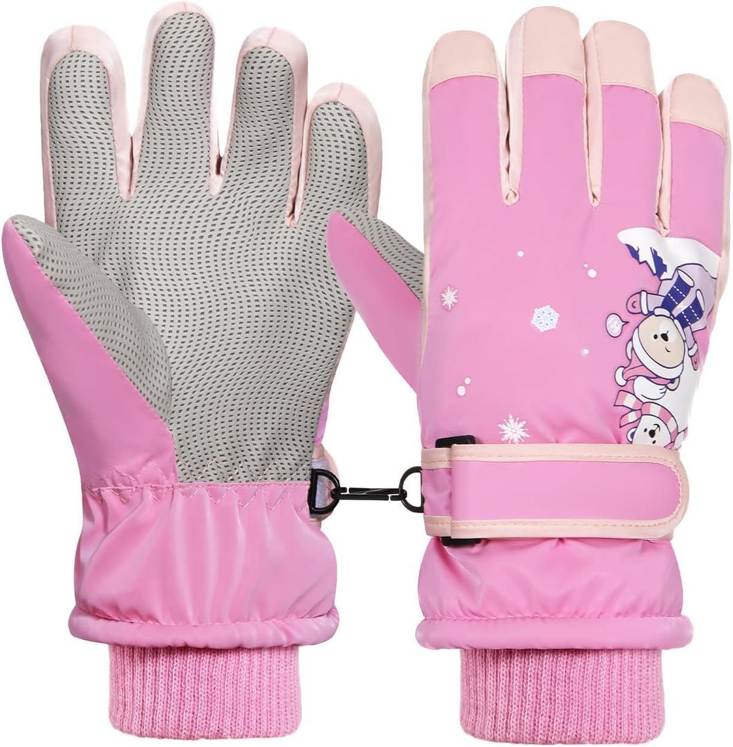 Rhino Valley Snow Gloves for Kids, Waterproof Ski Gloves for Cold Weather, Non-Slip Kids Waterproof Mittens with Adjustable Magic Tape, Boys/Girls Snow Mittens for Winter Outdoor Activities (Medium, Rose Pink)