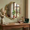 Irregular Hexagon Wall Mirror with Wavy Edge, Modern Decorative Mirror for Bathroom, Bedroom, Living Room, Frameless Vanity Mirror, Gold, 32"L x 28"W