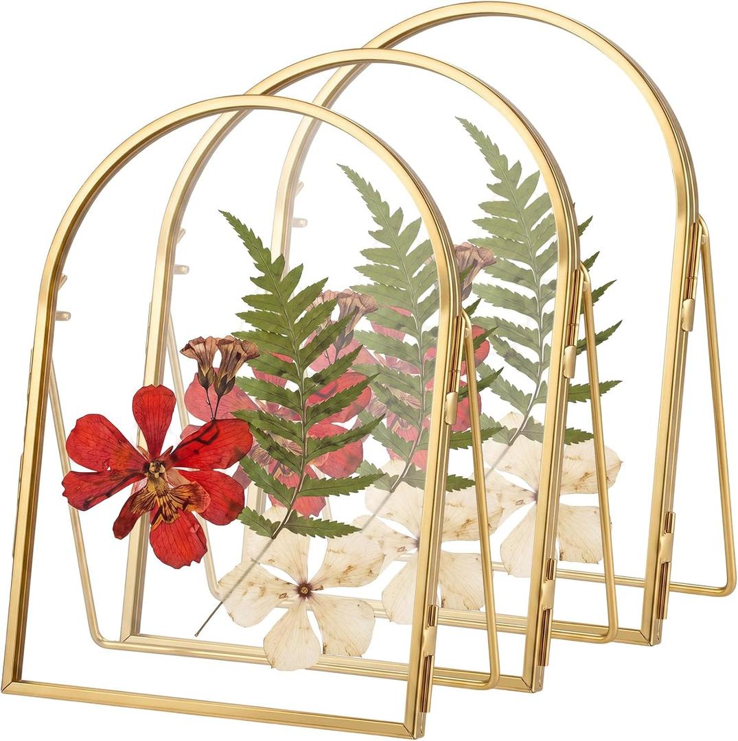 Vicenpal 3 Pcs 5 x 7 Inch Double Glass Frame for Handmade Pressed Flowers Vintage Metal Gold Floating Picture Frames Minimal Vertical Arched Photo Stand for DIY Desk Tabletop Display(Gold)