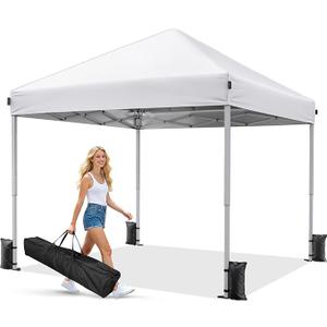 Driftalia 10x10 Pop Up Canopy Tent One-Push Center Lock, Portable Shelter | UPF 50+ Water-Resistant Fabric, 3 Adjustable Heights, Carry Bag, 4 Sandbags & 8 Stakes, for Backyard, Camping, Beach, Market