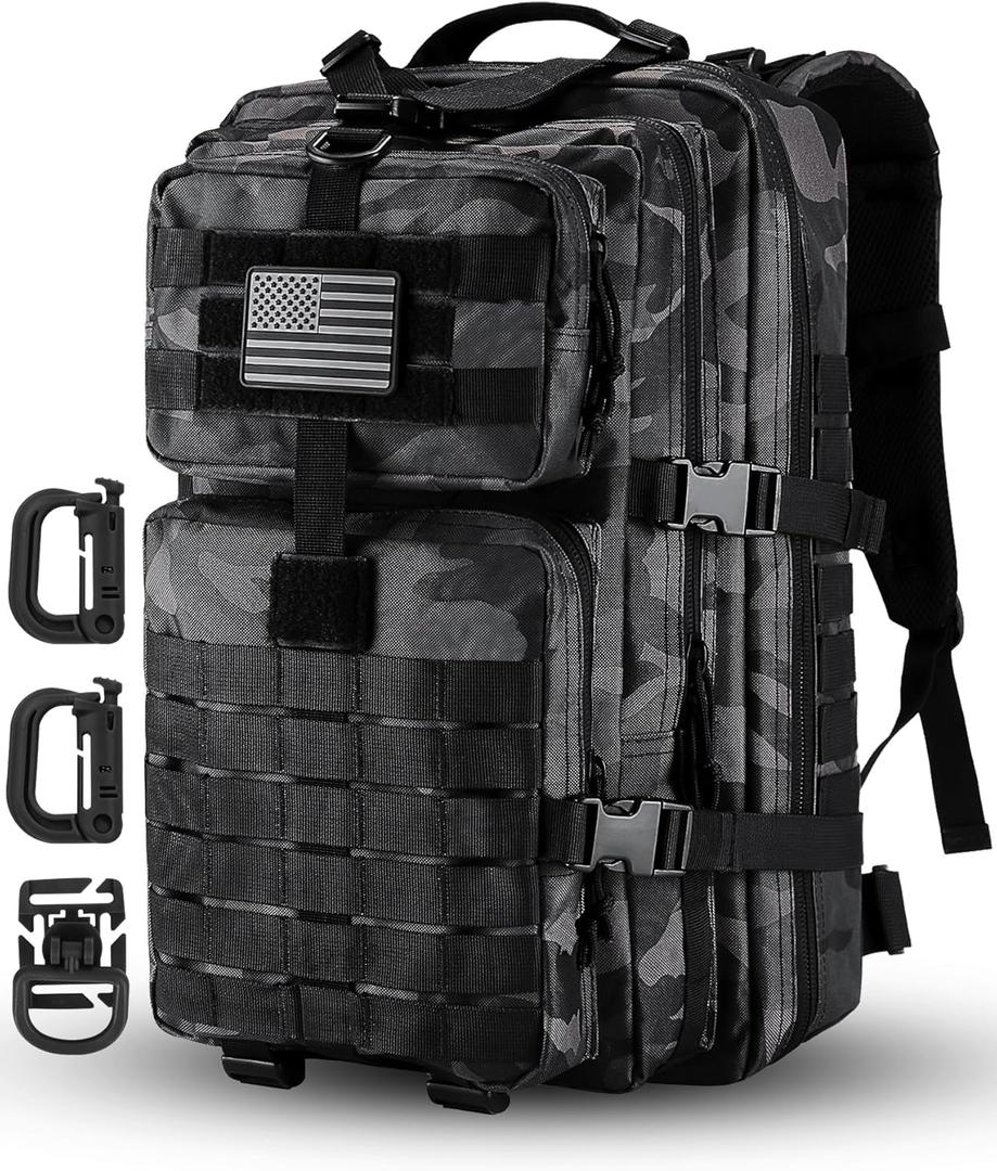 Hannibal Tactical MOLLE Assault Pack, Tactical Backpack Military Army Camping Rucksack, 3-Day Pack Trip w/ USA Flag Patch, D-Rings, Black Camo, 40L