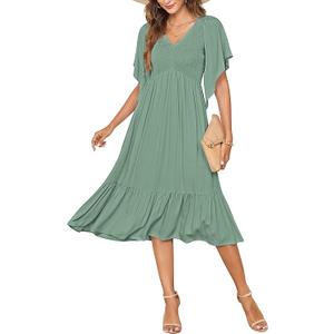 PYGFEMR Women's Summer Empire Waist Dress Smocked Flutter Short Sleeve V Neck Midi Dresses, L
