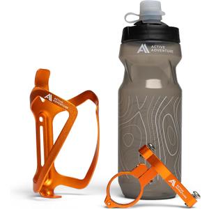 Bike Water Bottle Holder Combo - 20 Oz Squeeze Bottle & Bicycle Mount Cage Rack, No Screws Needed, Durable Alloy - Fits All Handlebar Bikes & MTB Mountain Road - for Adults, Kids (Orange)
