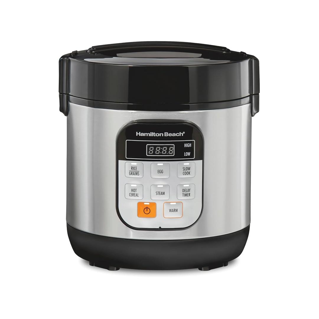 Hamilton Beach Digital Programmable Rice Cooker & Food Steamer, with Slow Hard-Boiled Egg Functions, Egg/Steam Tray, Small & Compact, 6 Cups Cooked (3 Uncooked), Stainless Steel (37524)