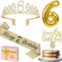6th Birthday Decorations for Girl with 6th Birthday Sash and Tiara, Candle and Cake Topper, Number Balloon, 6 Year Old Girl Gifts