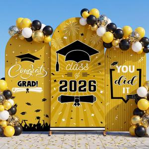 WovWeave Graduation Arch Backdrop Stand Cover Set of 3-4ft 5ft 6ft Grad Arch Cover Photo Booth Backdrop Decorations for Graduation Party Decor Supplies(Yellow Black,Class of 2026)