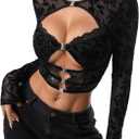 SweatyRocks Women's Y2k Lace Long Sleeve Shirt Cut Out Sheer Crop Tops Sexy Going Out Rave Party Club Top (Black)