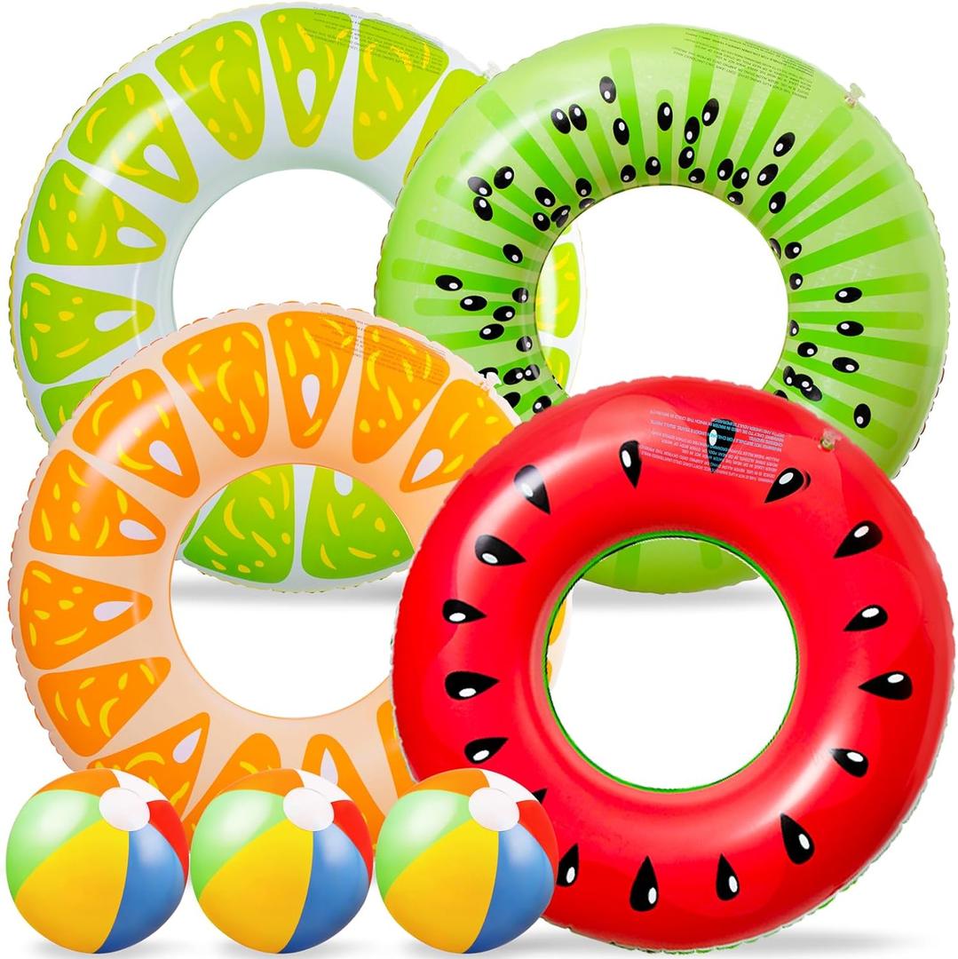 90shine 7PCS Fruit Pool Floats: Watermelon Kiwi Orange Lemon Swimming Rings with 13.5" Beach Balls - Inflatable Tubes Floaties Toys for Kids Adults