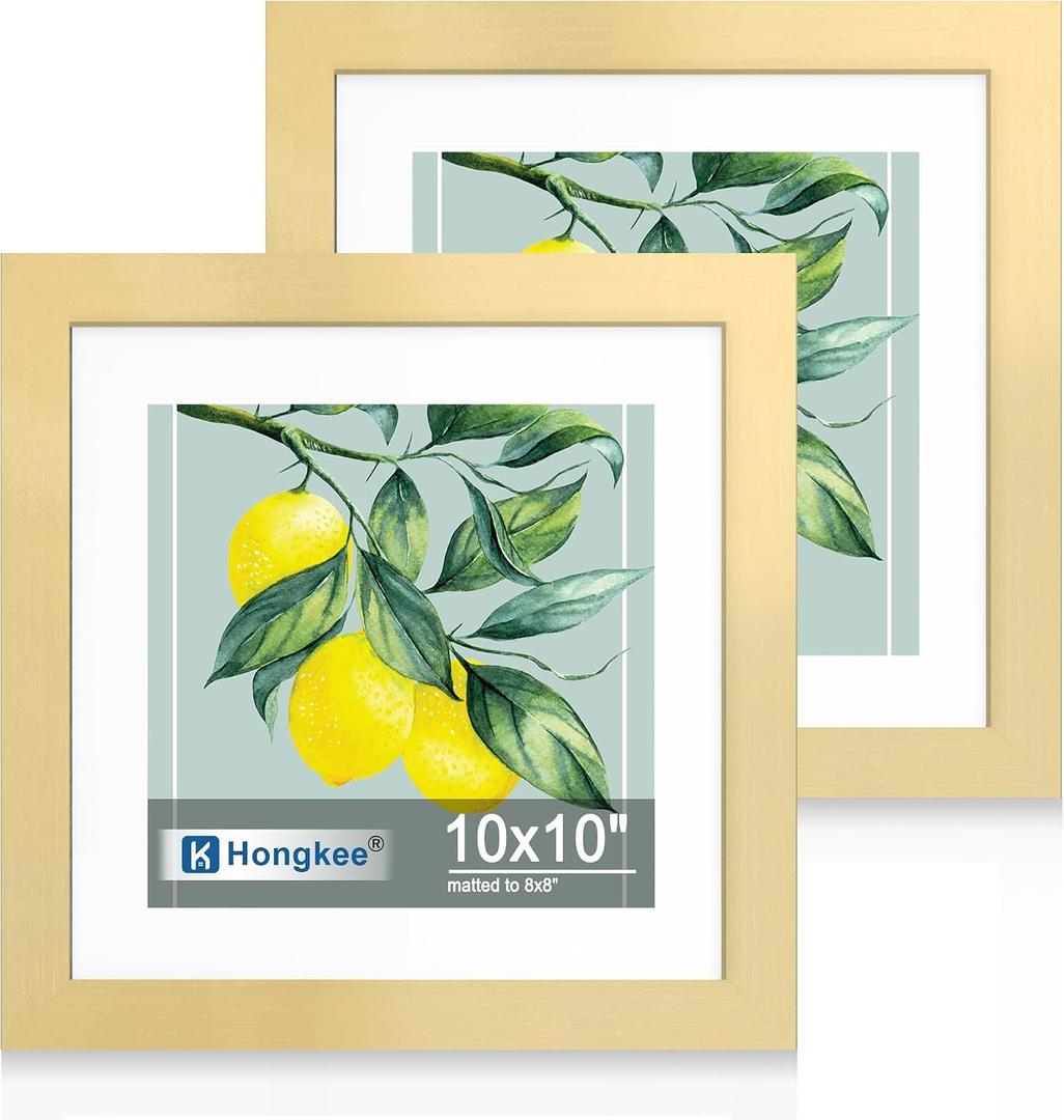 Hongkee 10x10 Picture Frame Set of 2, Made of Real Glass and Gold Wooden Frame - Display Square 8x8 with Mat or 10x10 Without Mat, 10 by 10 Photo for Wall or Tabletop