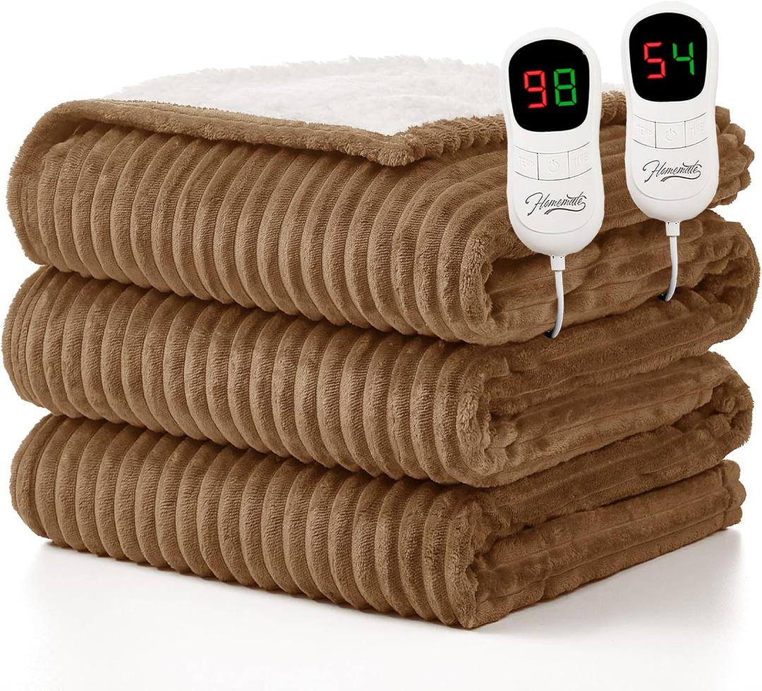Homemate Electric Heated Blanket Queen Size - 84"x90" Heating Blanket Queen Size Dual Control 1/2/4/6/8 Hours Auto-Off 10 Heat Level Over-Heat Protection Soft Flannel Sherpa ETL Certification (Beige (Striped))