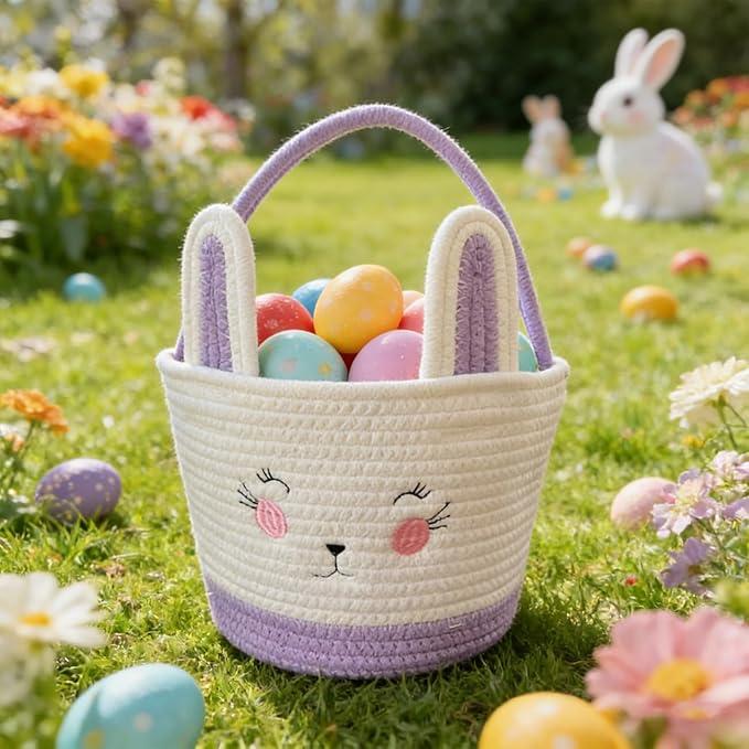 Easter Bunny Basket with Rabbit Ears Woven Cotton Rope Storage Bag for Easter Egg Hunt Large Foldable Home Organizer Indoor Outdoor Holiday Picnic Party Spring Decorations(Purple) 2 Pack
