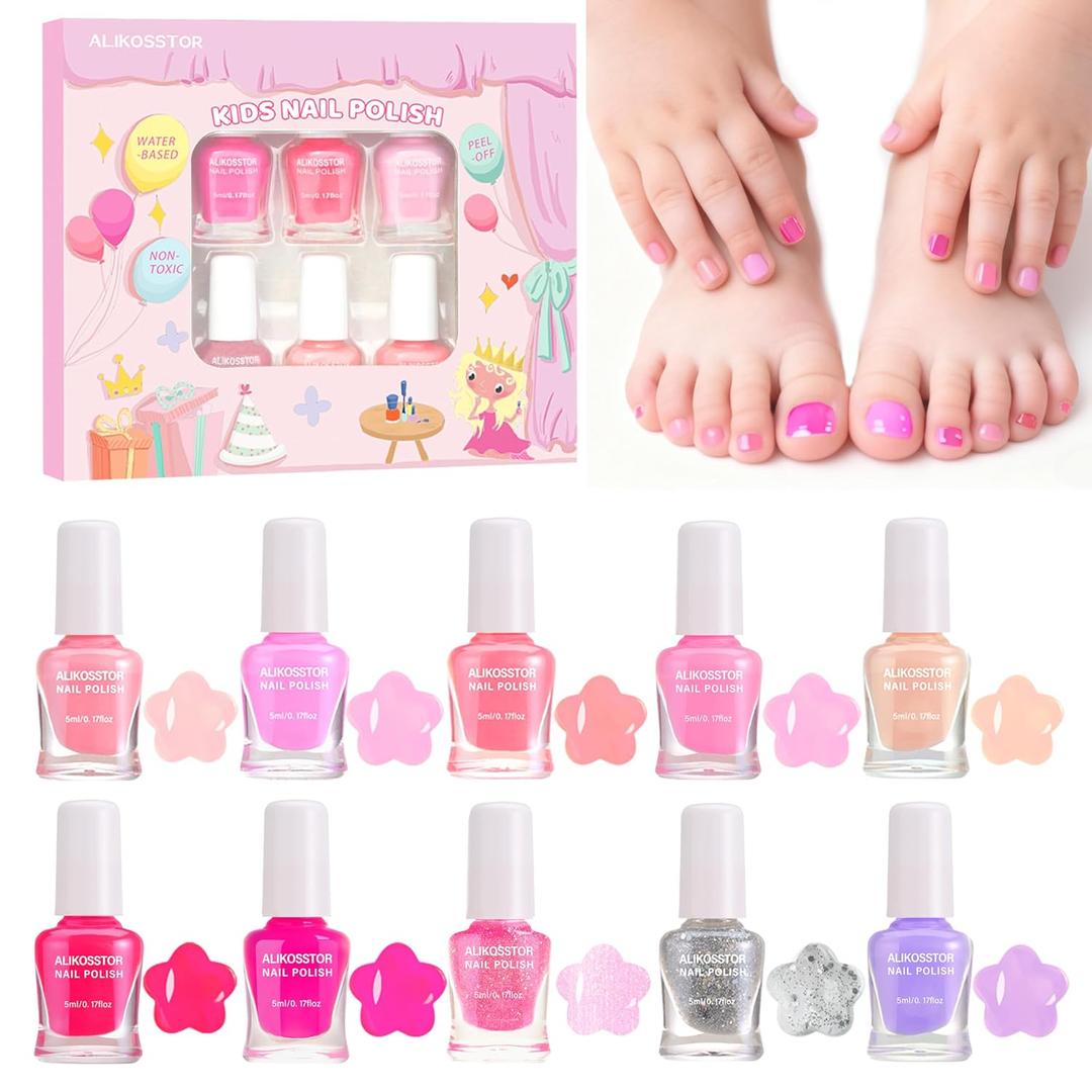 Pink Kids Nail Polish Set, Non-Toxic Quick Dry Peel Off Water Based Fingernail Polish for Toddler 10 Colors DIY Kids Manicure Gifts Kit for Girls Ages 5+