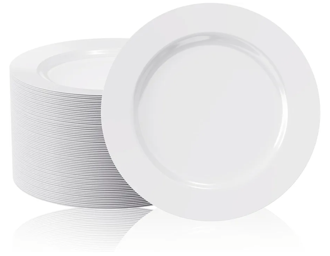 FOCUSLINE 100 Count White Plastic Plates 10 Inch, Disposable Heavy Duty Dinner Plates- Premium Hard Plastic Plate Fancy Disposable White Plate for Weddings, Parties and Events