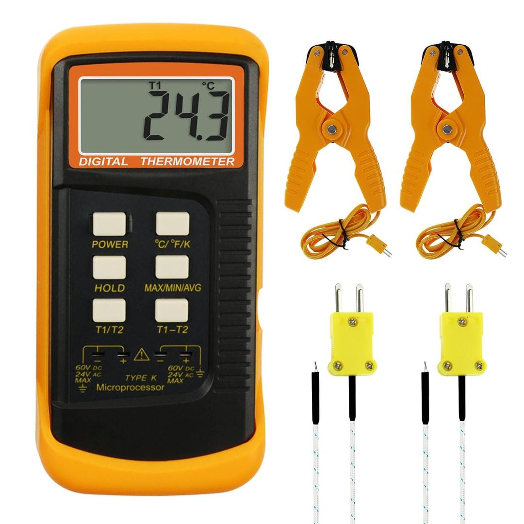 K Type Thermocouple Thermometer (-50~1300C), Dual Channels Digital Thermometer with 2 Temperature Clamp 2 Wired Thermocouple Probes, High Accuracy Temperature Kelvin Scale Meter Tester