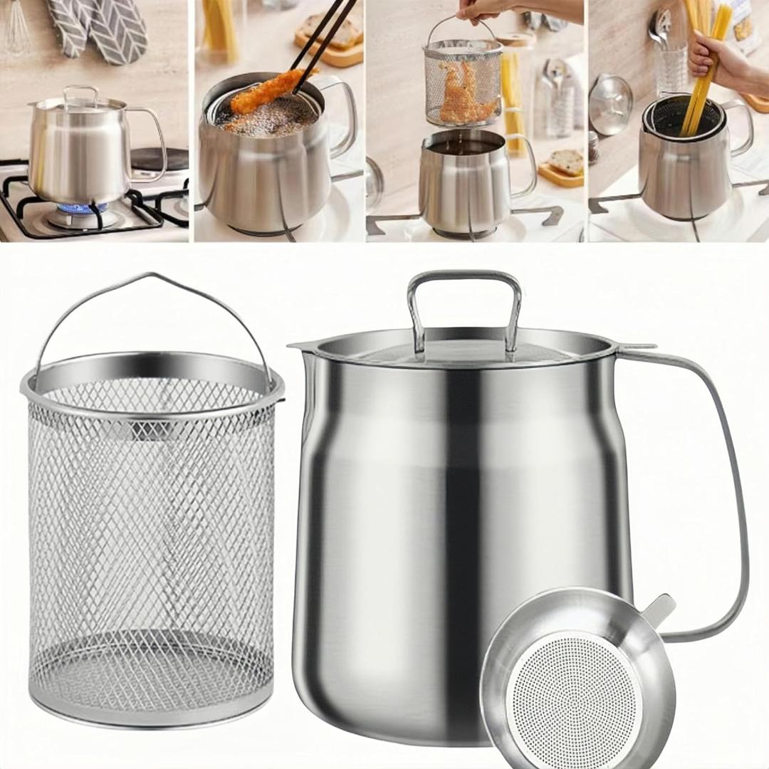 68oz 304 Stainless Steel Deep Fryer Pot with Basket & Strainer, Large Capacity Bacon Grease Container for Kitchen,Frying, Cooking, Camping,Oil Filter Container - Dishwasher Safe (68oz/2L/2.1Qt), 2.1 Quarts