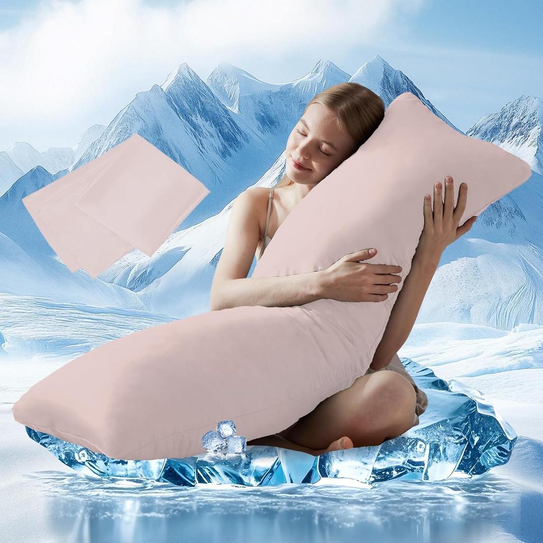 DOWNCOOL Large Body Pillow- Breathable Full Body Pillow for Side Sleeper - Soft Long Bed Pillow for Adults - 20 x 54 inch(Pinke, with Cooling Cover)