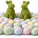 Modern Spring Easter Tabletop Decor Set, Decorative Easter Eggs with 50 Speckled Eggs and 2 Moss Bunnies  A Subtle, Adult-Friendly Accent for Entryways, Sideboards and Mantels