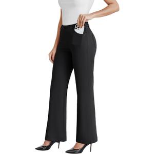Dress Work Pants Women Business Casual Slack Trousers Stretchy Pull On Office Flare Pants with Pockets (Medium, Black)